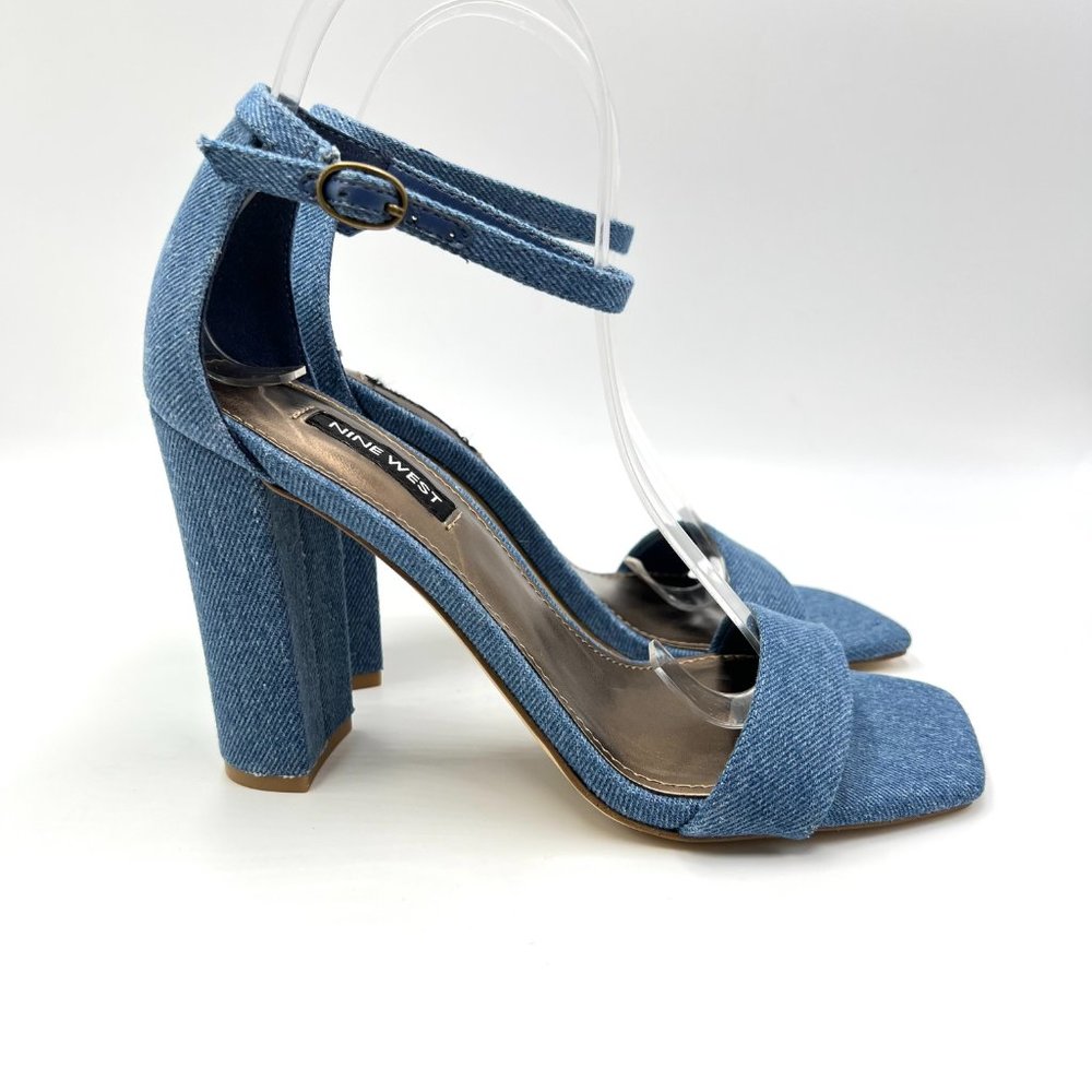 Nine West Womens Size 7.5 Denim Blue Square Toe‎ Block Heels Sandals Shoes 7.5M